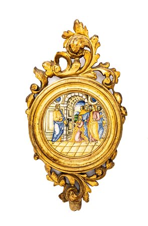 Piattello in maiolica tondo con la scena biblica della "Traditio Clavis"    Manifattura metaurense del XIX secolo