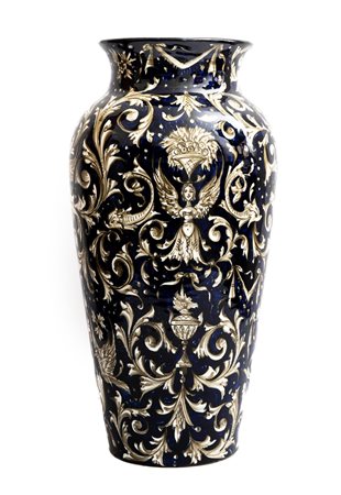 Grande vaso fondo blu decorato con arpie e grottesche   Manifattura metaurense del XX secolo