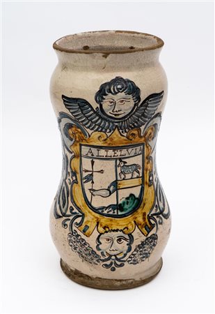 Albarello apotecario recante sul fronte grande cartiglio con stemma nobiliare e la scritta a caratteri capitali ALLELUIA   Manifattura di Ariano Irpino del XVIII secolo