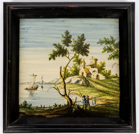 Mattonella maiolicata raffigurante baia con navi a vela e militi in paesaggio rurale. Firmato E. di Vincenzo   