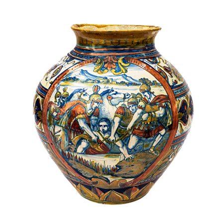 Vaso a boccia a lustro metallico realizzato da Alfredo Santarelli con ampia riserva istoriata a scena di storia romana   Manifattura di Gualdo Tadino degli inizi del XX secolo