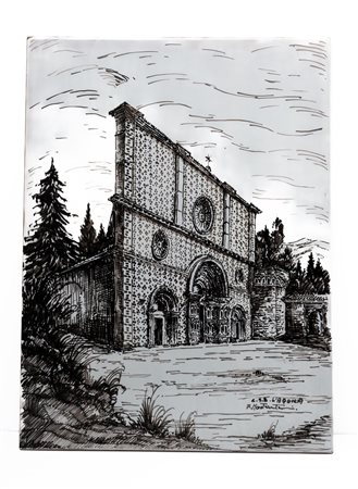 Mattonella maiolicata in monocromia rappresentante la Basilica di Santa Maria di Collemaggio a L'Aquila, tratta da un'incisione della fine del XIX secolo.   Manifattura aquilana del XX secolo