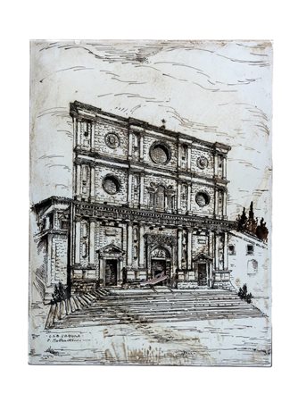 Mattonella maiolicata in monocromia rappresentante la Basilica di San Bernardino a L'Aquila, tratta da un'incisione del 1899   Manifattura aquilana del XX secolo