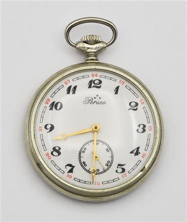 Orologio da tasca Perseo, meta' 900, acciaio CASSA: in acciaio con locomotiva...