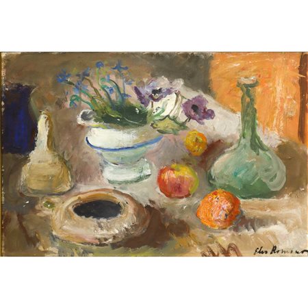 Elio Romano (Trapani 1909-Catania 1996)  - Natura morta di fiori e frutta