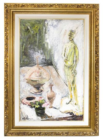 Elio Romano (Trapani 1909-Catania 1996)  - Brocche , fiori e statua in esterno.