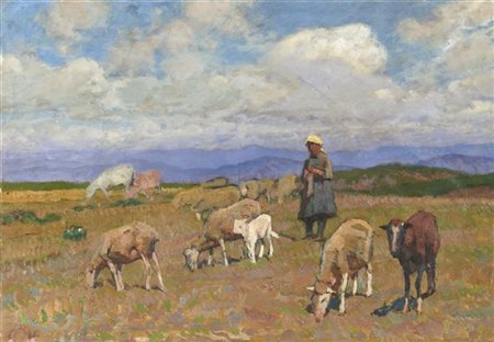 Ruggero Panerai "Contadina con gregge" 
olio su tela applicata a cartone (cm 38,