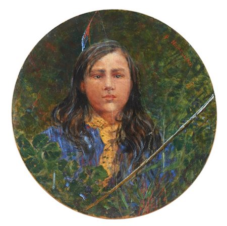 Plinio Nomellini "Il Pellerossa" 
olio su piatto in legno (cm d. 35) 
firmato in