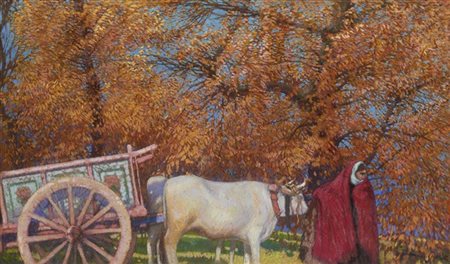 Tommaso Cascella "Contadina con carro di buoi" 1941
pastelli colorati su carta a