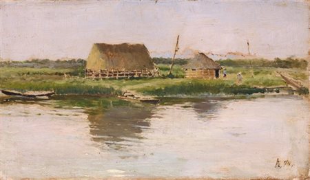 Giuseppe De Nittis "I capanni dei pescatori" olio su tavoletta (cm 13x23)firma