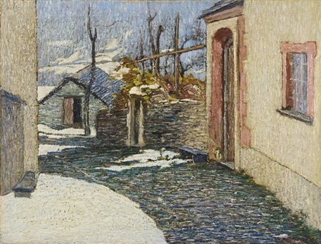 Carlo Fornara "La fine dell’inverno a Prestinone" 1934
olio su compensato (cm 24