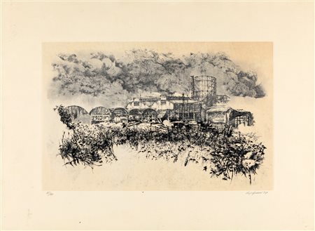 Renzo Vespignani (Roma 1924-Roma 2001) Periferia con gazometro 1978...