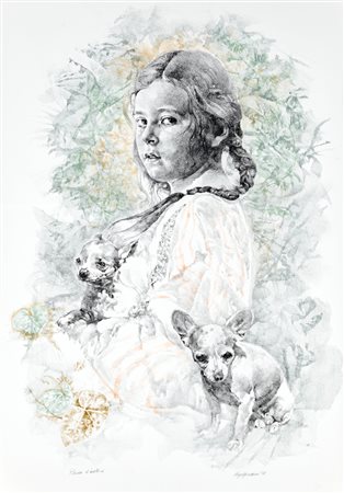 Renzo Vespignani (Roma 1924-Roma 2001) Fanciulla con cani 1978 Litografia cm...