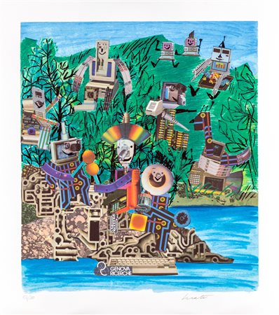 Emanuele Luzzati (Genova 1921-Genova 2007) Genova Ricerche Serigrafia cm...