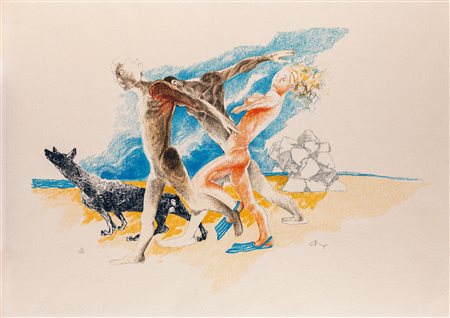 Ennio Calabria (Tripoli 1937-0) Figure sulla spiaggia Litografia a colori cm...