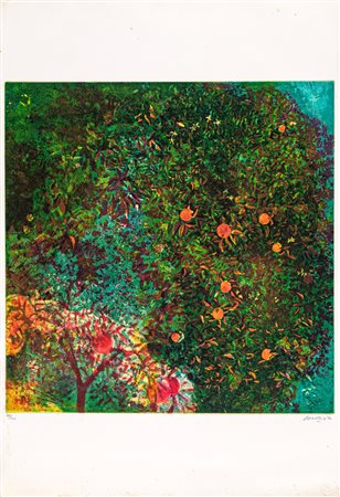 Nino Cordio (1937-2000) Acquaforte di Nino Cordio Il Melograno nell'aranceto...