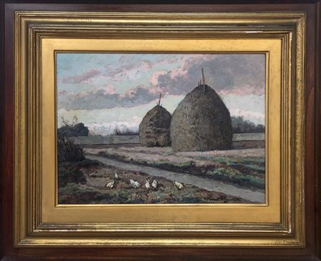 Gino Romiti (Livorno, 1881-1967). Paesaggio agreste con covoni di paglia e galline. 