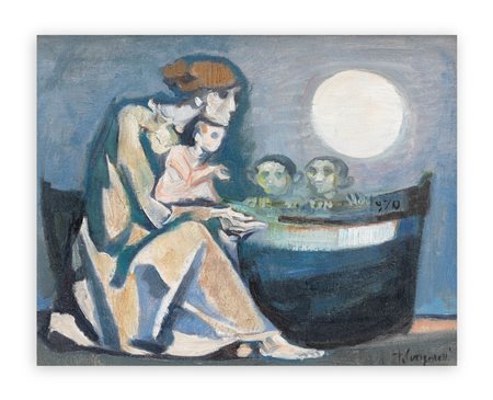 TRENTO LONGARETTI (1916-2017) - Madre mendicante e bambini sulla barca, 1970