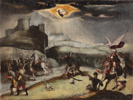 Anonimo XVIII sec. Assedio Olio su tela 58x77 cm