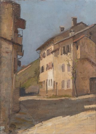 FIrma illeggibile (XX secolo) Scorcio con case Olio su tela 45x33 cm