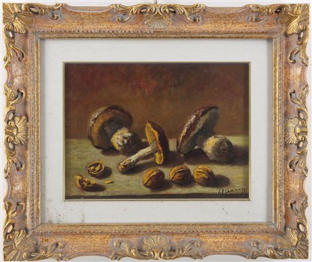 Giovan Francesco Gonzaga (Milano 1921-2007) Funghi e noci in un interno Olio...