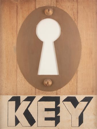 Joe Tilson (Londra 1928-1923) Key-box Legno dipinto e applicazioni 85x65 cm