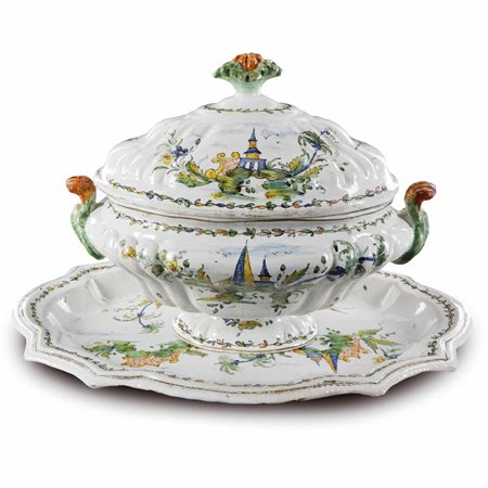 

 Zuppiera con vassoio in ceramica policroma