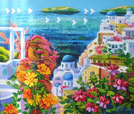 FACCINCANI ATHOS - PESCHIERA 1951 - SANTORINI TRA MILLE FIORI, 2009 - OLIO SU...