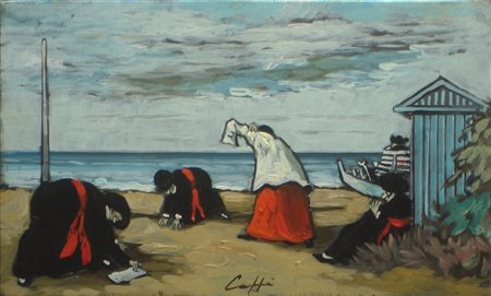 CAFFE' NINO - ALFEDENA 1909 PESARO 1975. AL MARE, 1969 - OLIO SU TAVOLA cm...