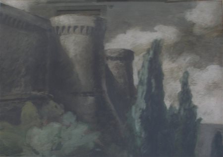 SUGHI ALBERTO - OMBRE E LUCI SULLA ROCCA, 1970 - TEMPERA SU CARTA APPLICATA...