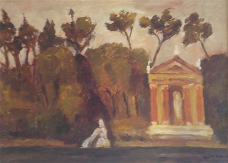 QUAGLIA CARLO - VILLA BORGHESE - OLIO SU FAESITE cm 45 x 60. Firma in basso a...