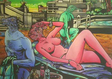 HAMLET SAUVAGE MAX - GALLIPOLI 1950 - LA PISCINA - OLIO SU TELA cm 50 x 70,...