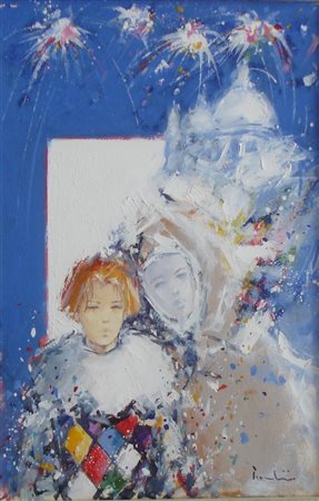 TROMBINI GIULIANO - FIGURE NEL CARNEVALE - OLIO SU TELA - cm. 30 x 20. Firma...