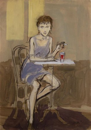 SUGHI ALBERTO - FIGURA SEDUTA - TECNICA MISTA SU CARTA INTELATA cm 50 x 70,...