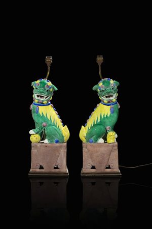 COPPIA DI CANI DI PHO<BR>Coppia di cani di Pho in porcellana Famiglia Verde