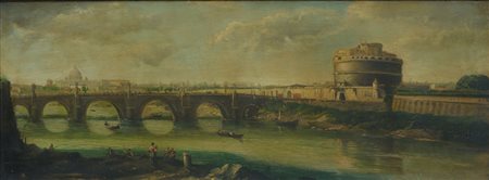 Coppia di capricci architettonici con personaggi Scuola italiana, XIX secolo...