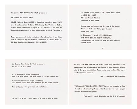 Ben Vautier (rif.) (Napoli 1935-Nizza 2024)  - Galerie Ben Doute de Tout (lotto di 04 inviti), 1969-70