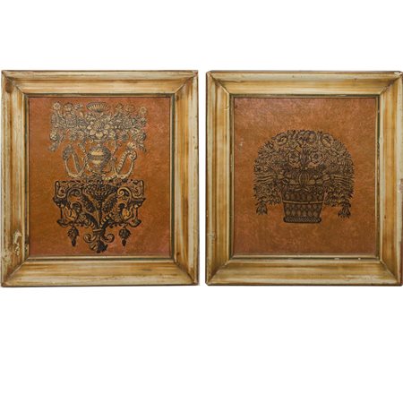 Coppia di quadretti con incisioni ritagliate e applicate a cartoncino, 18° secolo