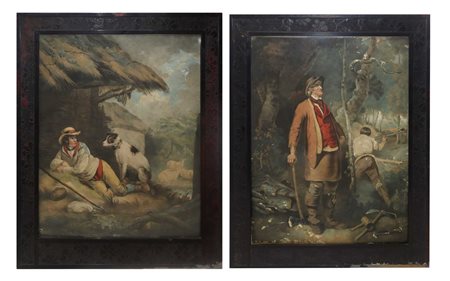 Coppia di stampe con personaggi in cornice di legno con decorazioni floreali