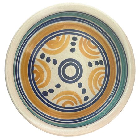Piatto fondo Santo Stefano di Camastra in maiolica policroma nei toni del giallo blu e verde, 70's