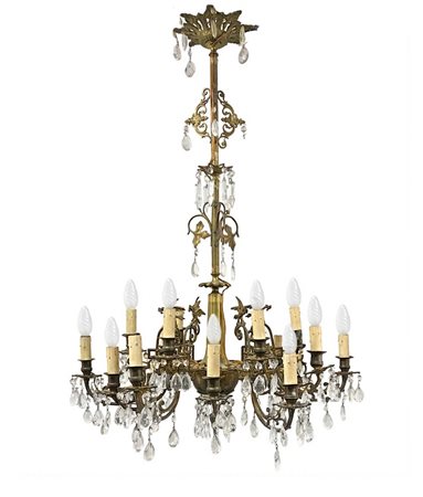 Lampadario in ottone a 18 luci con brindoli in vetro molato, nineteen° secolo