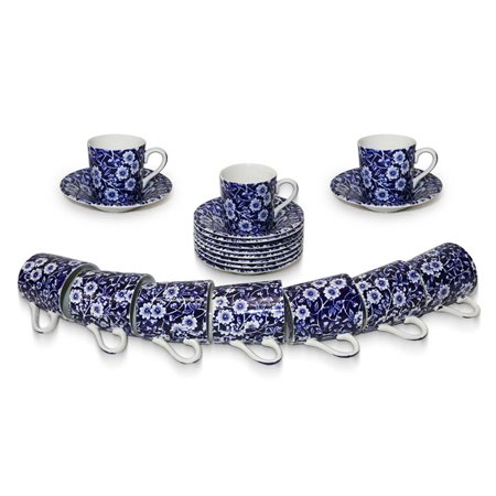 Calico Burleigh Staffordshire England - Servizio da caffe' in ceramica bianca con decori floreali blu, 20° secolo