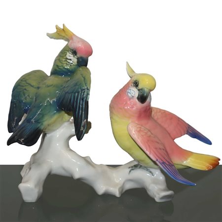 Porzellanfabrik Karl Ens (1889)  - Coppia di pappagalli Cacatua su Monte Bianco in porcellana policroma