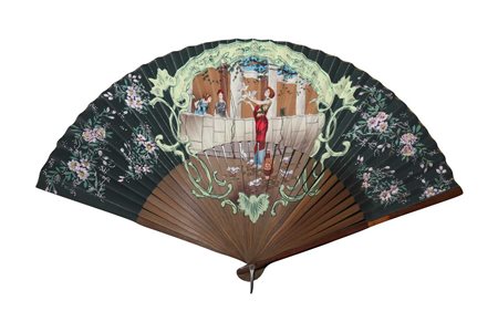 Ventaglio raffigurante donna con abito rosso e colombe