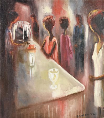 Eliano Fantuzzi INTERNO BAR olio su tela, cm 60x50 firma sul retro: firma e...