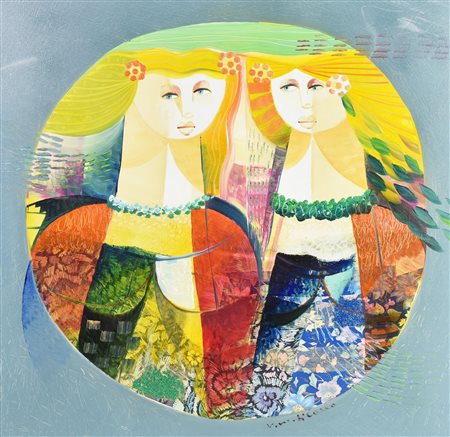 Vittorio Maria Di Carlo LE AMICHE, 2013 olio e collage su tela, cm 70x70...