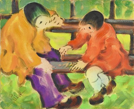 Pasquale Pilla GIOCARE A DAMA olio su tela, cm 50x60 firma sul retro: firma,...