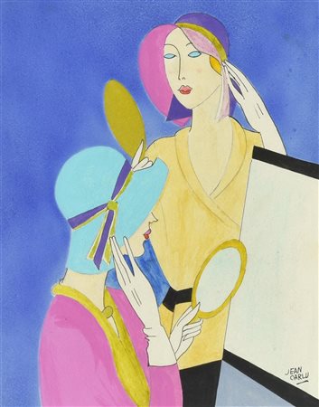 Jean Carlu DAME ALLO SPECCHIO tecnica mista su carta, cm 29x23 firma