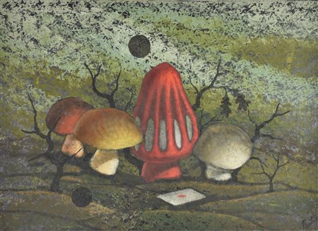 Gianfranco Rontani FUNGHI olio su tela, cm 50x70 sul retro: etichetta...