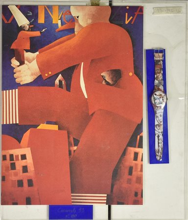 Emilio Tadini CARNEVALE 93 litografia su carta con orologio swatch, cm totali...